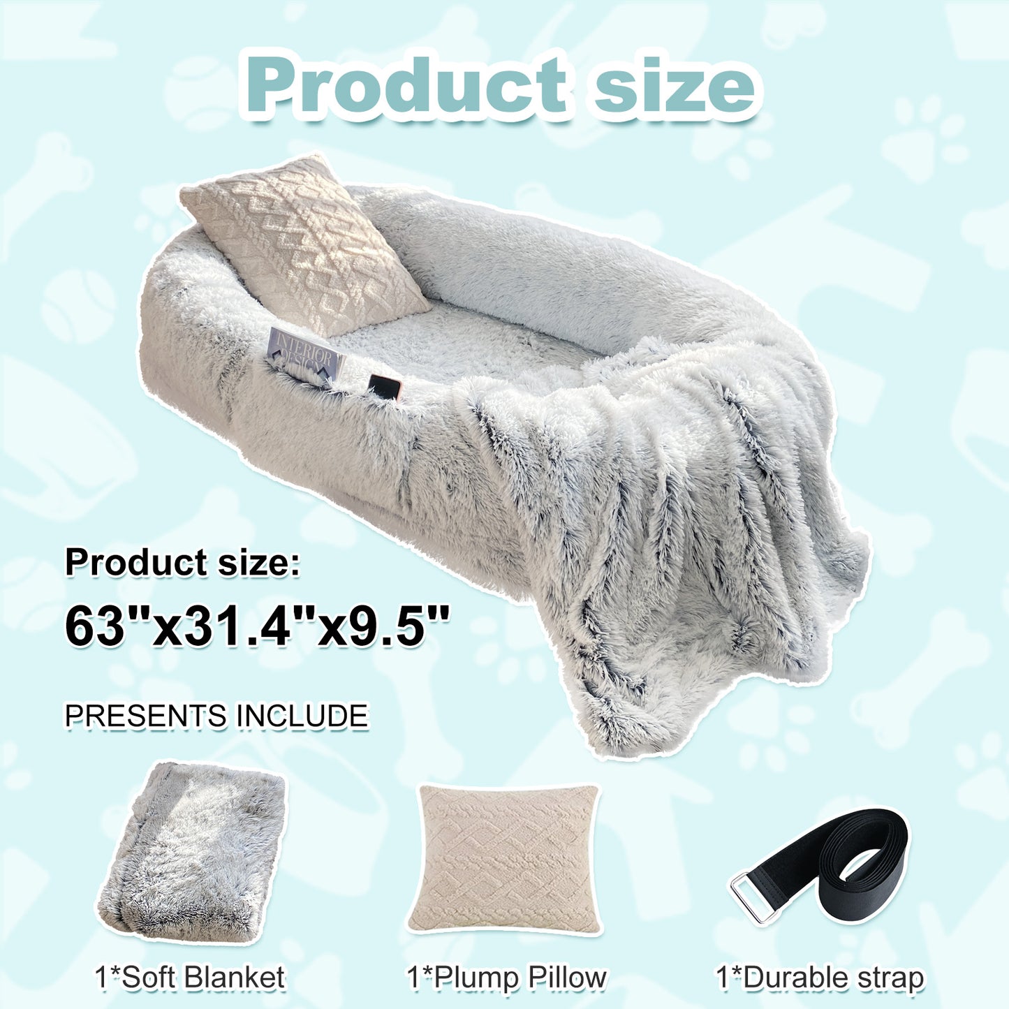 Large Washable Faux Fur Dog and Human Lounge Bed with Orthopedic Support, Pillow & Blanket