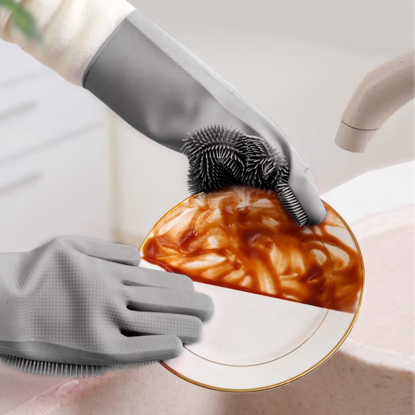 Silicone Dishwashing Gloves with Cleaning Sponge - Multi-Purpose