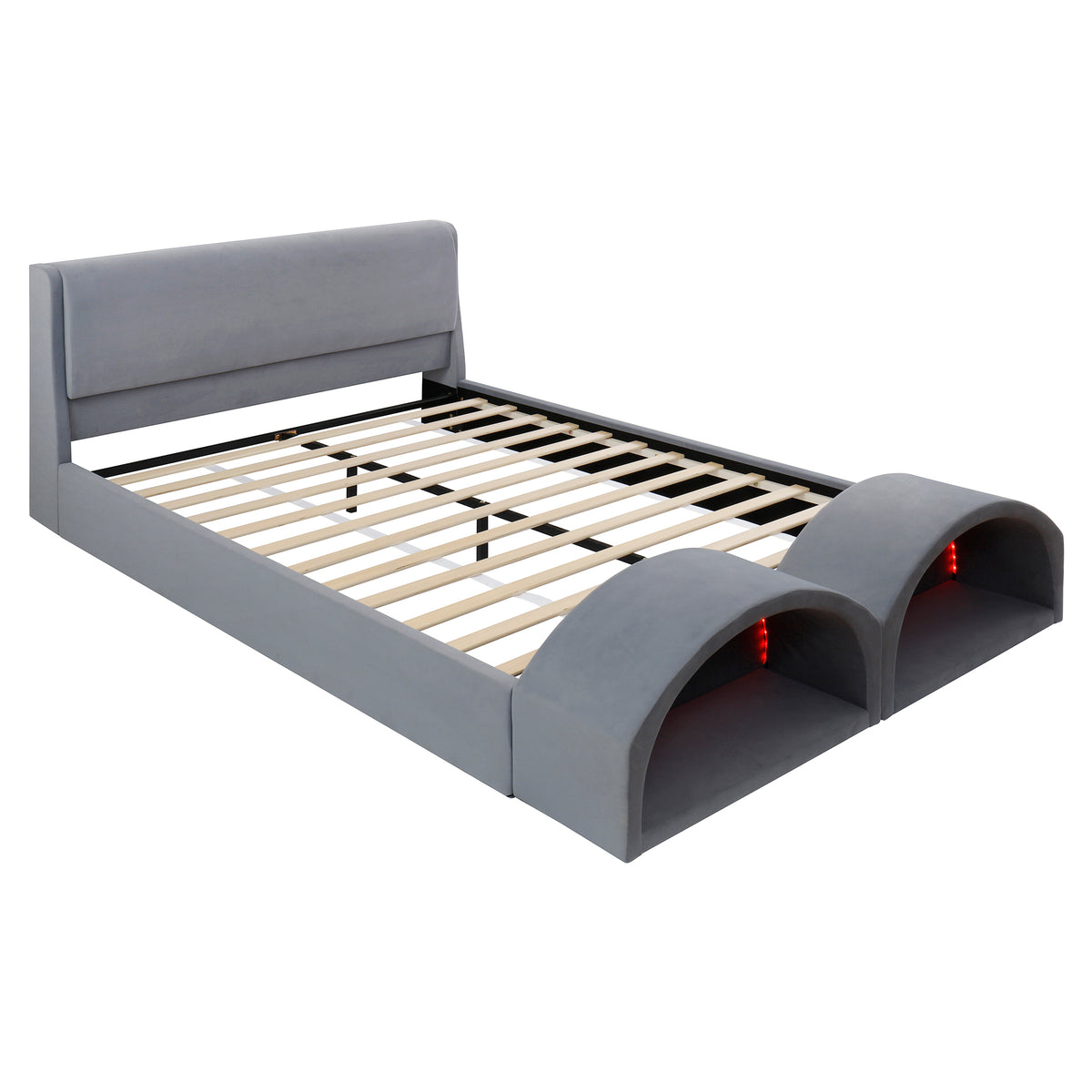 Queen Size Upholstered Platform Bed Frame with Dual Cat Caves & LED Pet Nests - Gray