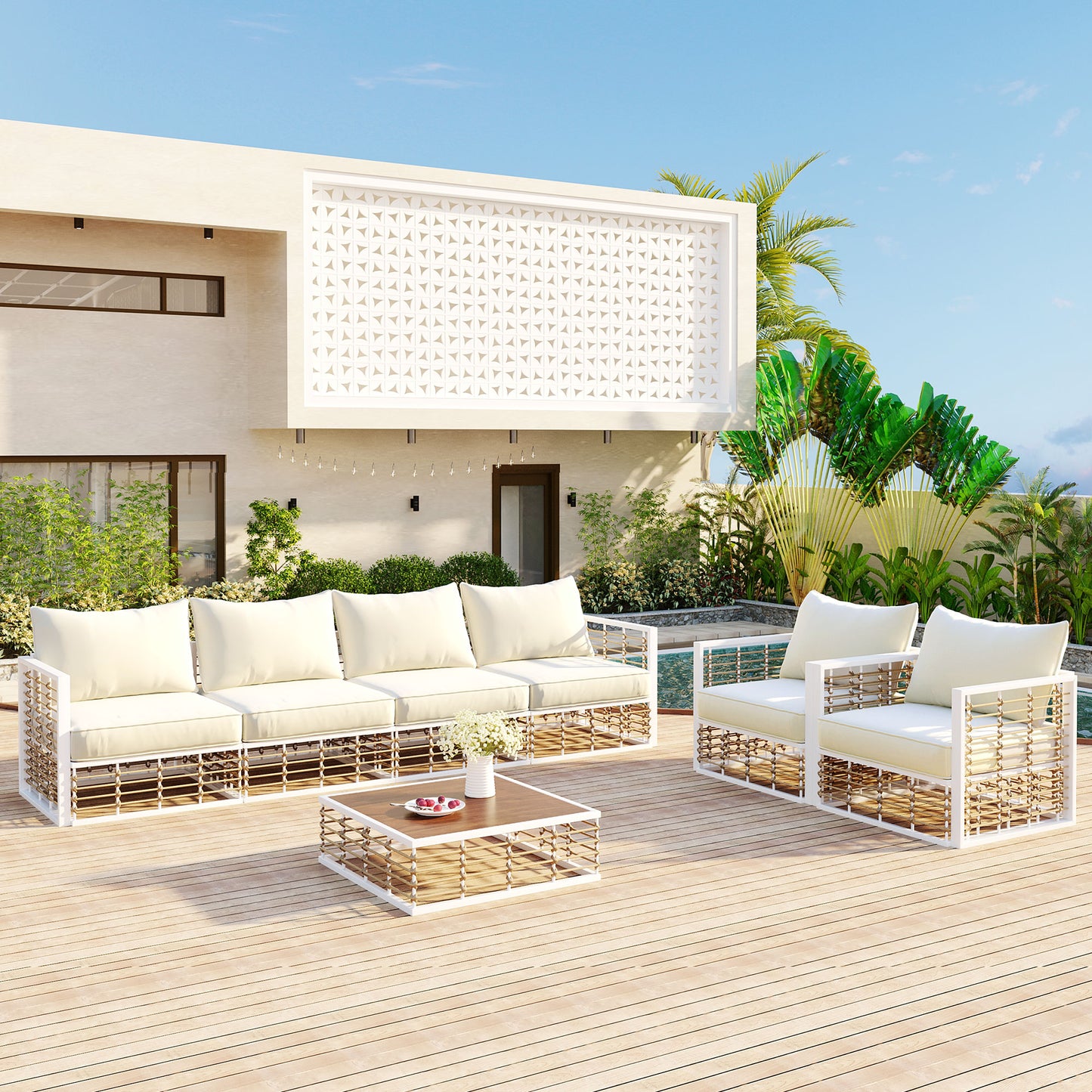 Modern Minimalist 7-Piece Metal Patio Sectional Sofa Set - White