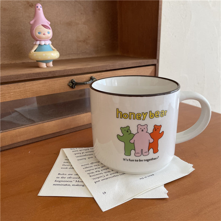 Large Capacity Ceramic Coffee Mug - Bear and Rabbit Cartoon Design