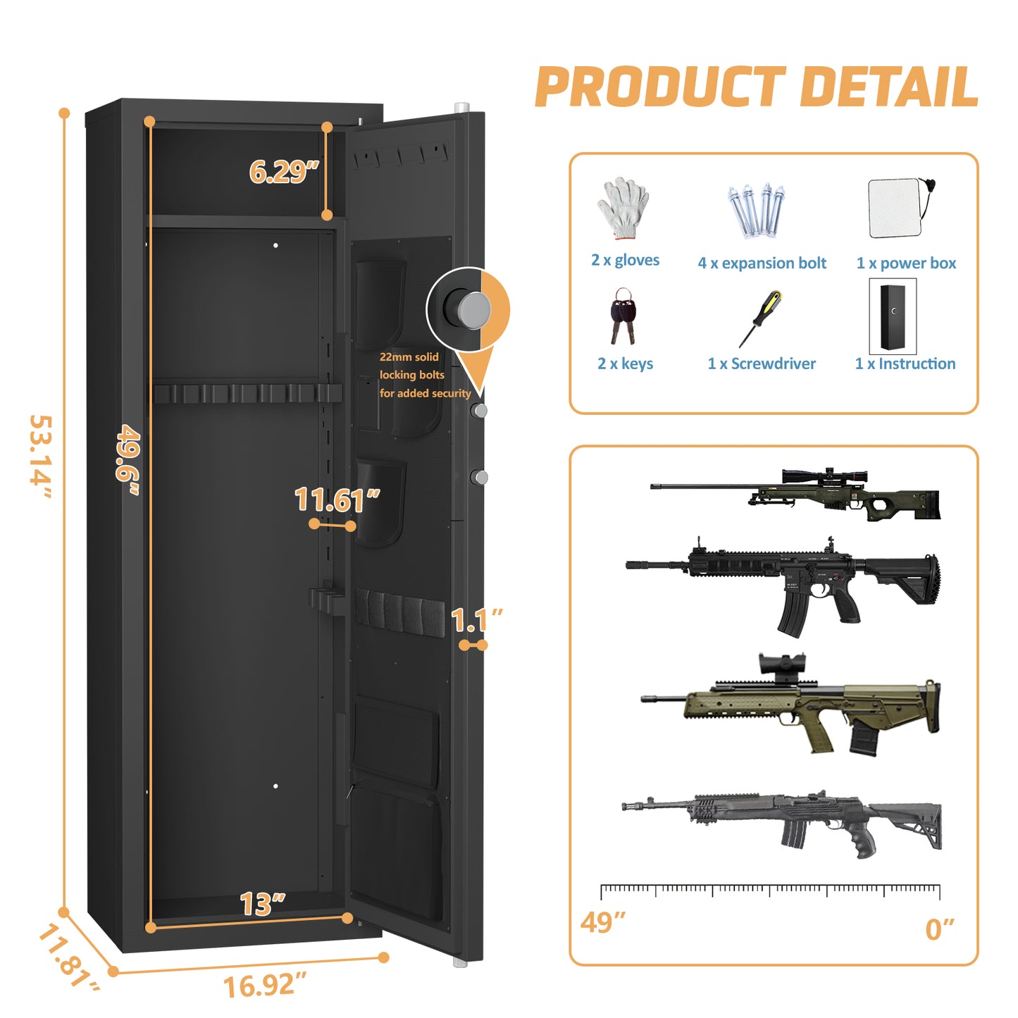 Biometric Gun Safe For Rifles And Pistols, 12-15 Large Cabinet With