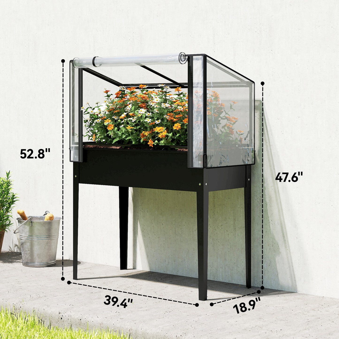 Raised Garden Bed with Flip-Up Greenhouse Cover - Metal Elevated Planter, Black, 1110x510x85 mm