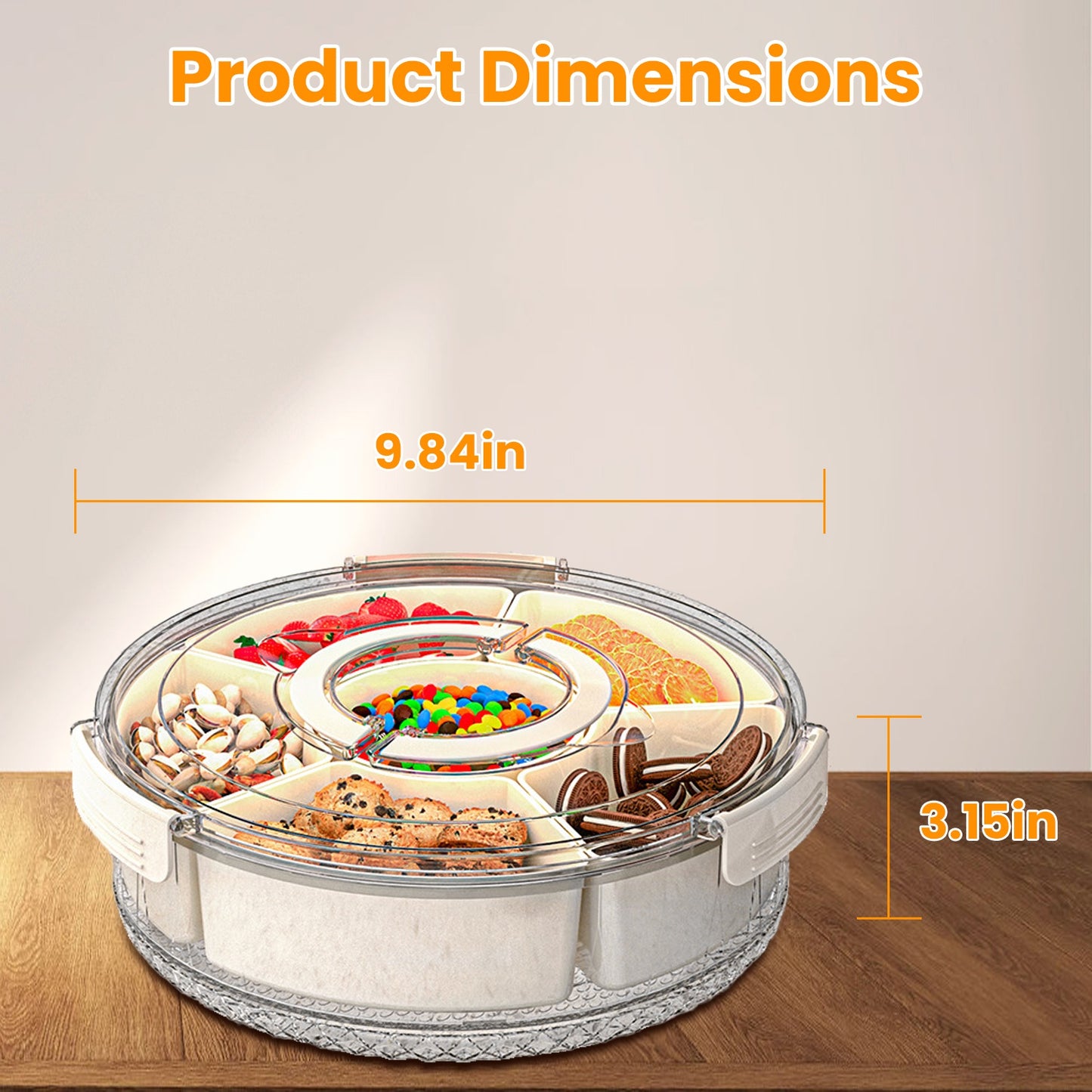 Divided Serving Tray with Lid & Handle - 360° Rotatable Snack Box