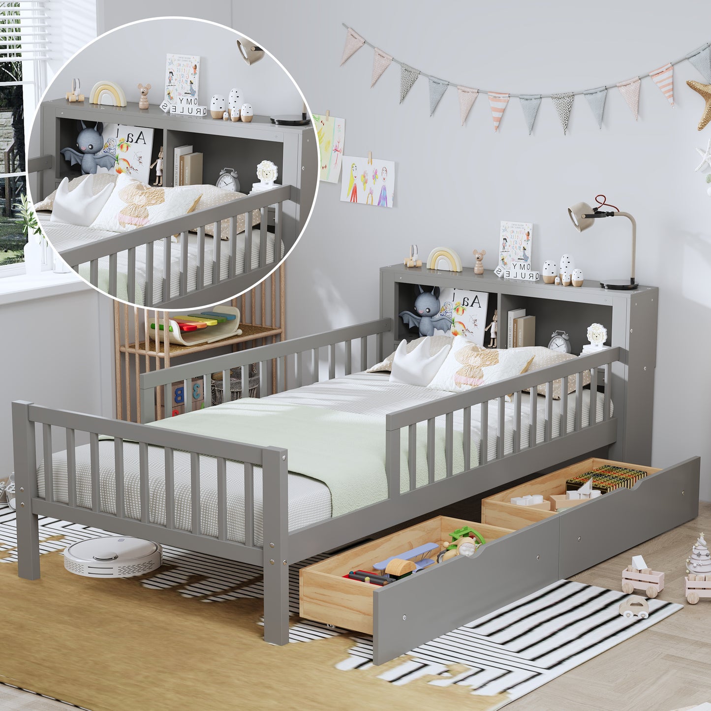 Twin Size Bed With Headboard Storage Rack, Two Under-Bed Drawers,