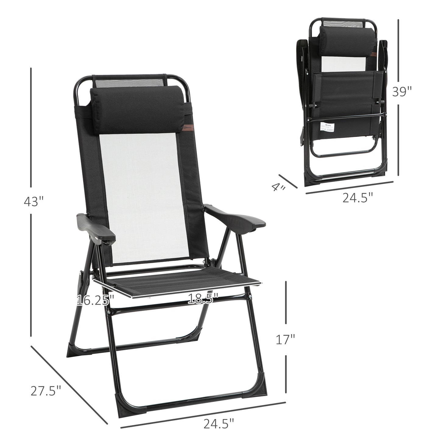 Folding Patio Dining Chairs Set of 2 - Adjustable Sling Back, Black