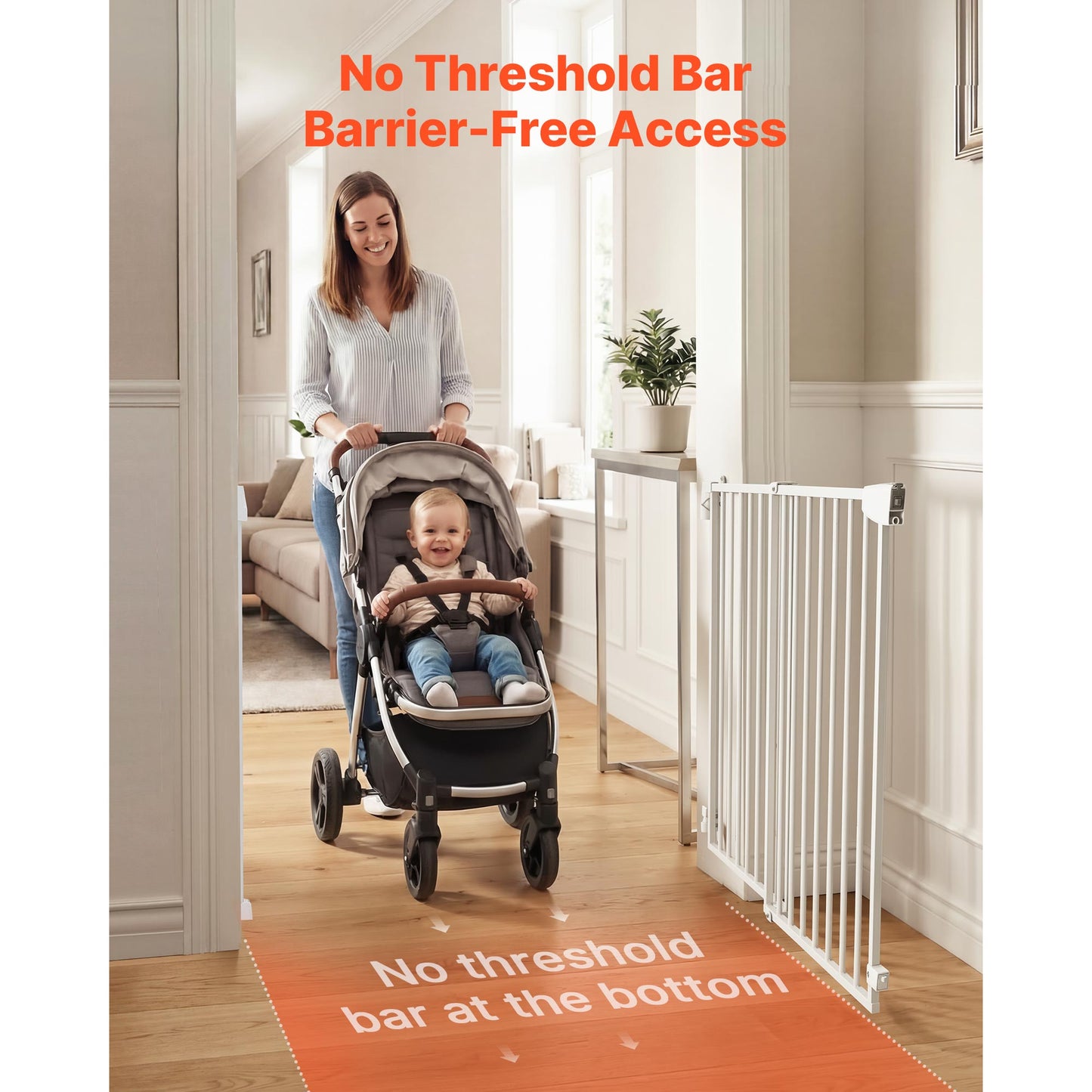 Baby Safety Gate for Stairs & Doorways, Adjustable 31-48 In, No Bottom Bar, One-Handed Operation, Easy Installation, White