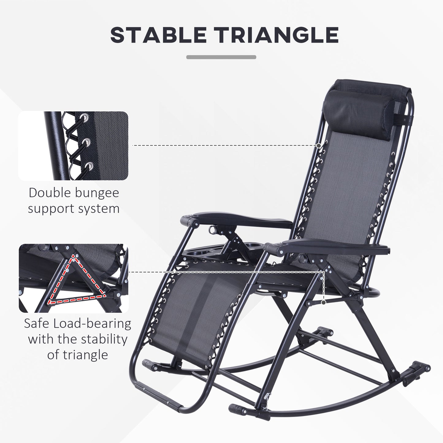 Zero Gravity Rocking Chair - Foldable Reclining Lounge with Pillow, Cup Holder, Black