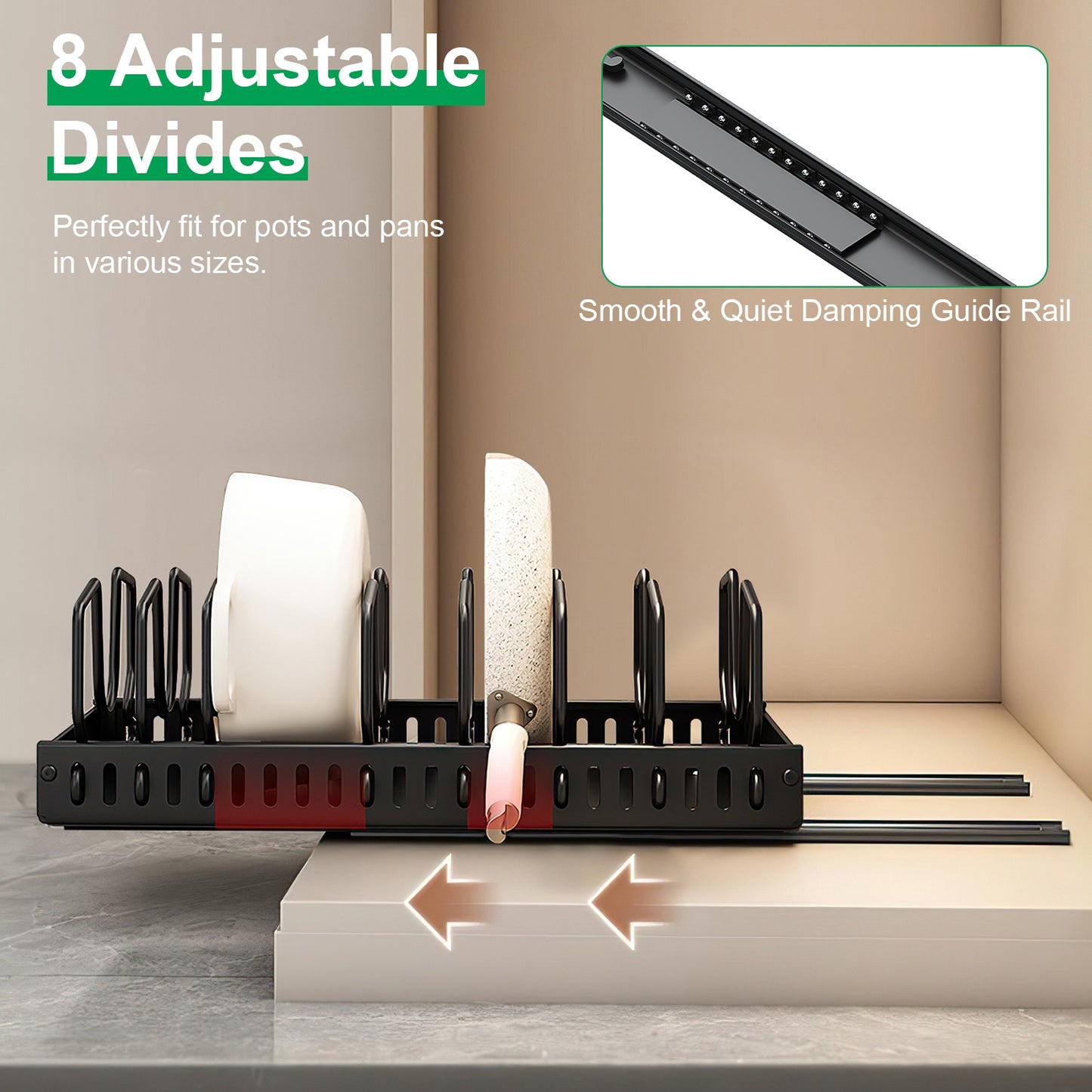 1Pc Pull Out Pots And Pans Organizer Under Cabinet With 8 Adjustable