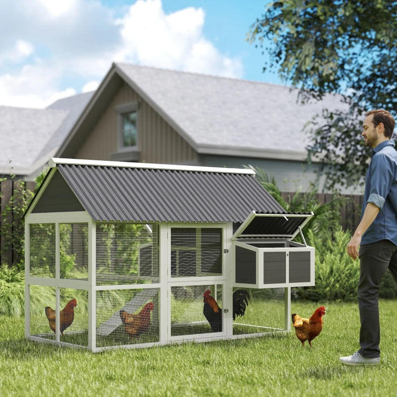Wooden Chicken Coop with Run, Nesting Boxes, Roosting Bars, Ramp & Tray - Gray