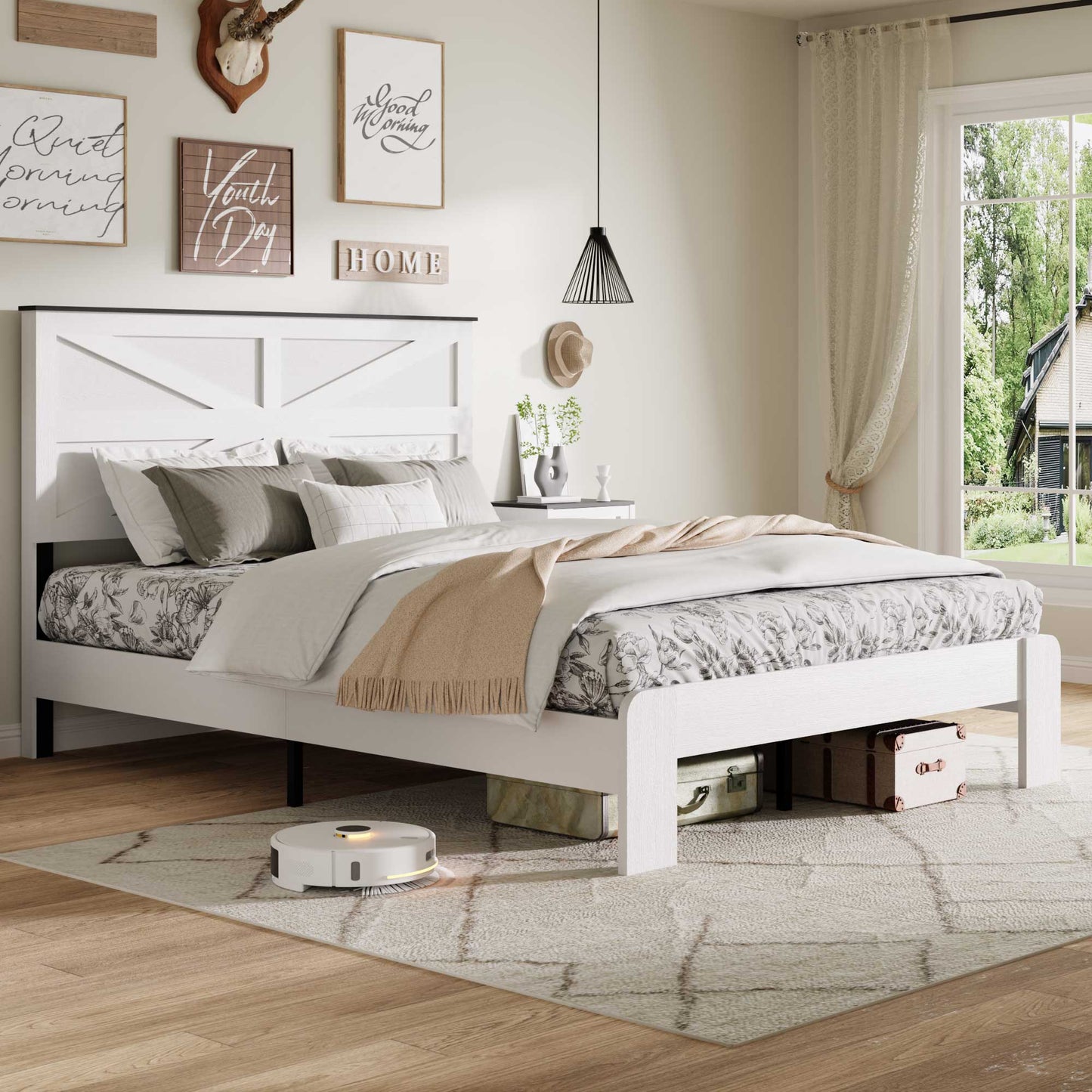Queen Wood Platform Bed Frame with Headboard & Underbed Storage