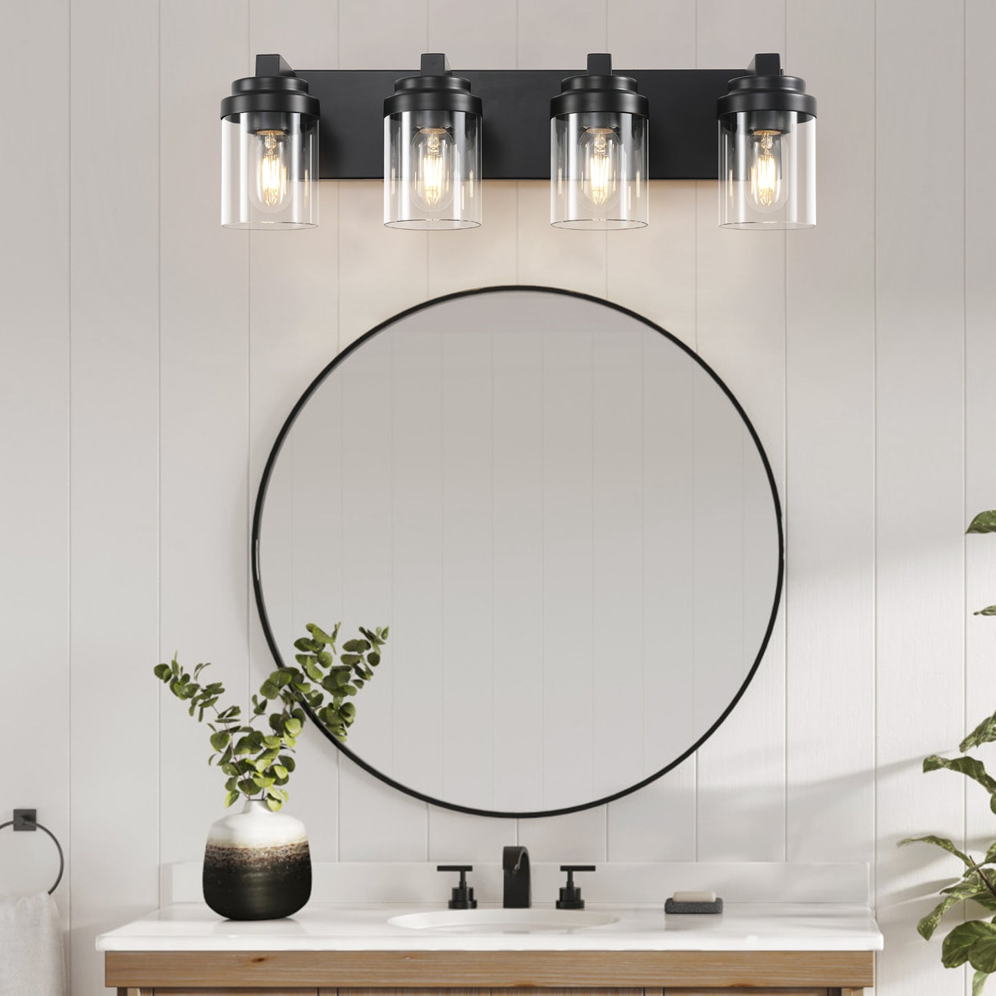 4-Light Matte Black Bathroom Vanity Light with Clear Glass Shades