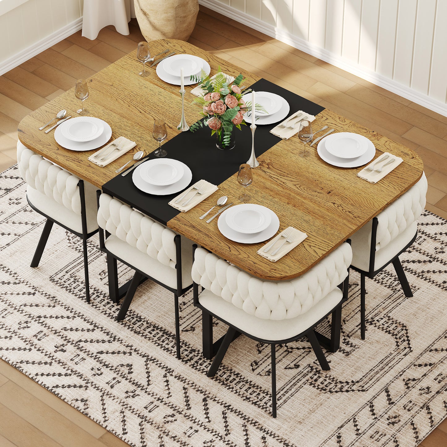 7-Piece Dining Table Set for 6 with Velvet Chairs - Beige