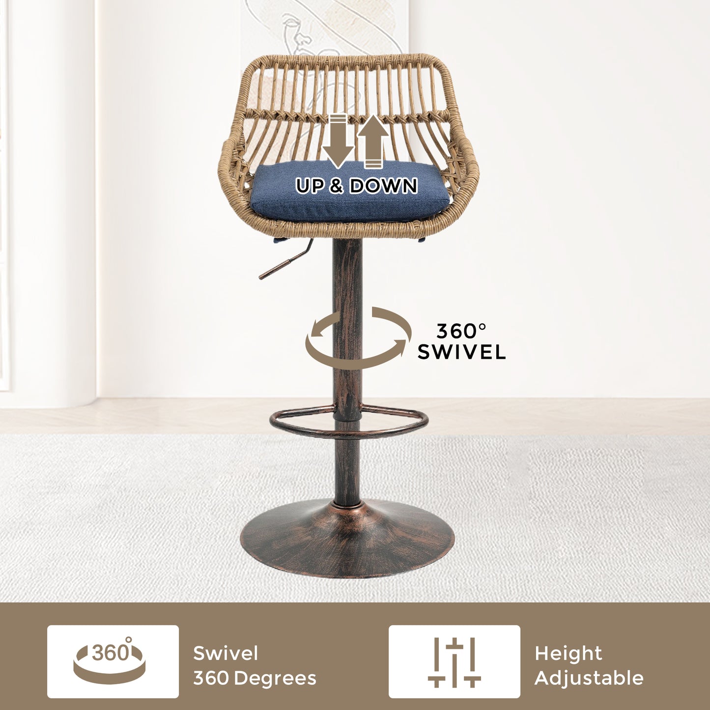 Adjustable Modern Swivel Bar Stools Set of 2 - Blue