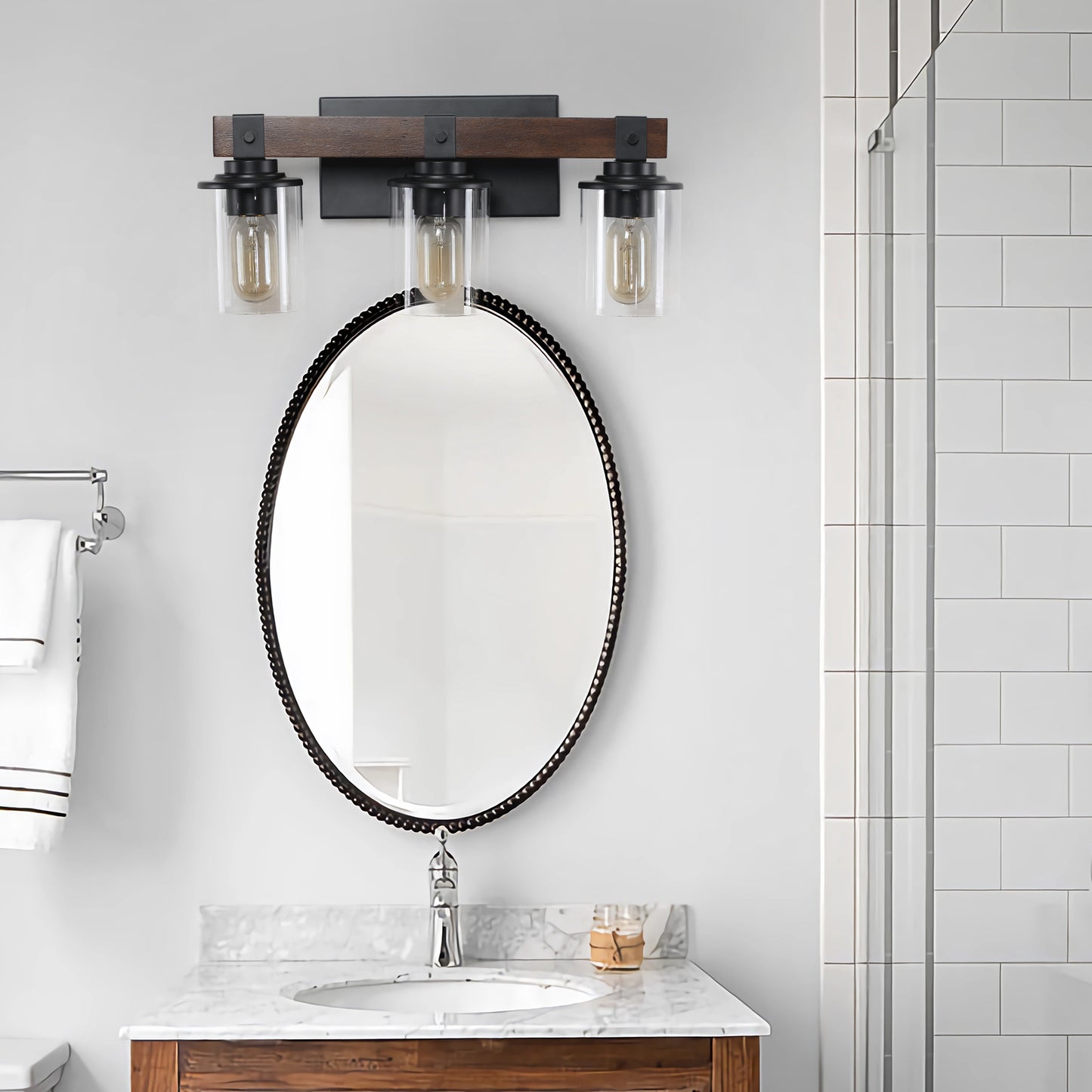 Rustic 3-Light Vanity Light Fixture with Glass Shades and Wood Accent