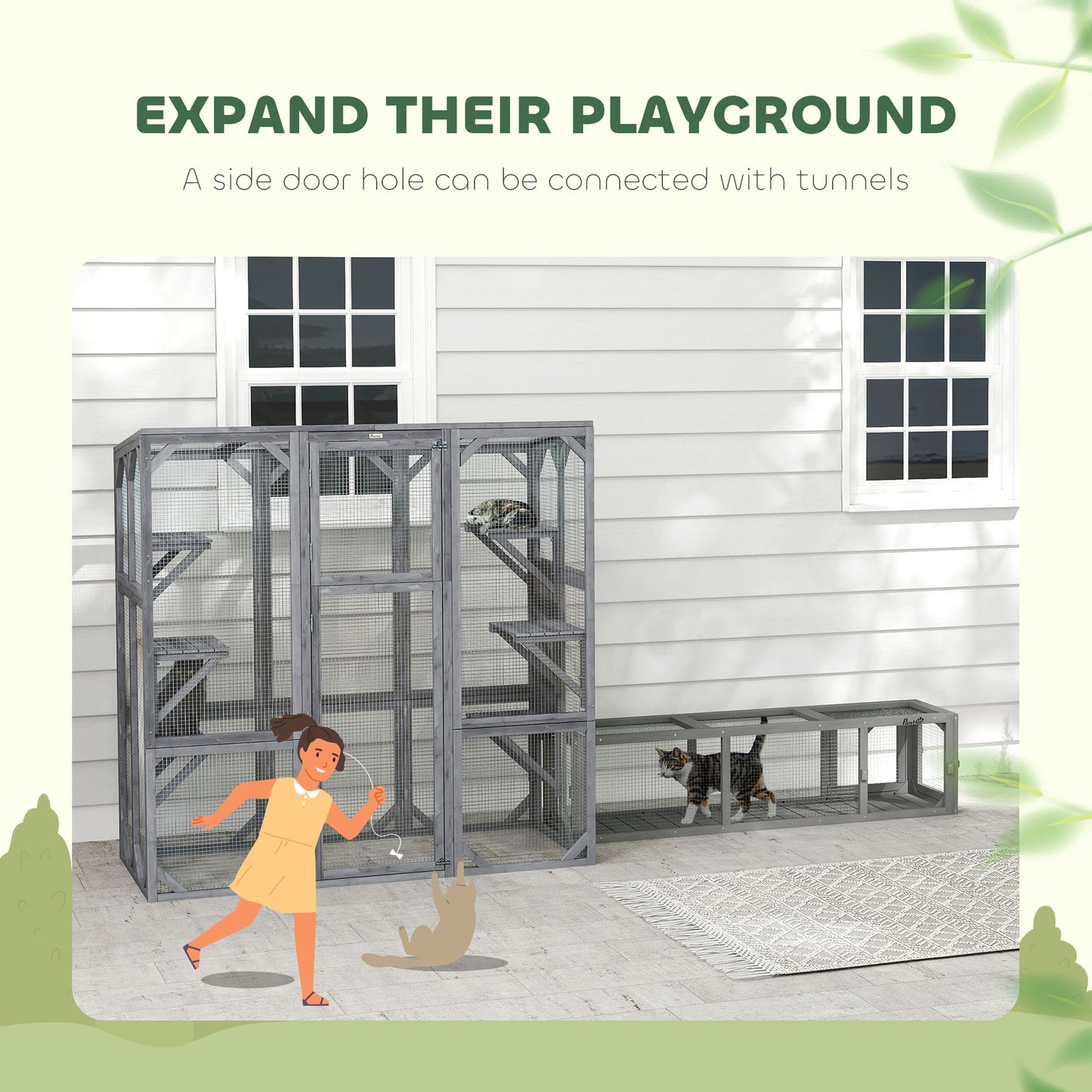 Large Wooden Catio Outdoor Enclosure with 6 Jumping Platforms for 1-3 Cats - Weatherproof Roof, Gray, 59 x 28 x 60 Inches