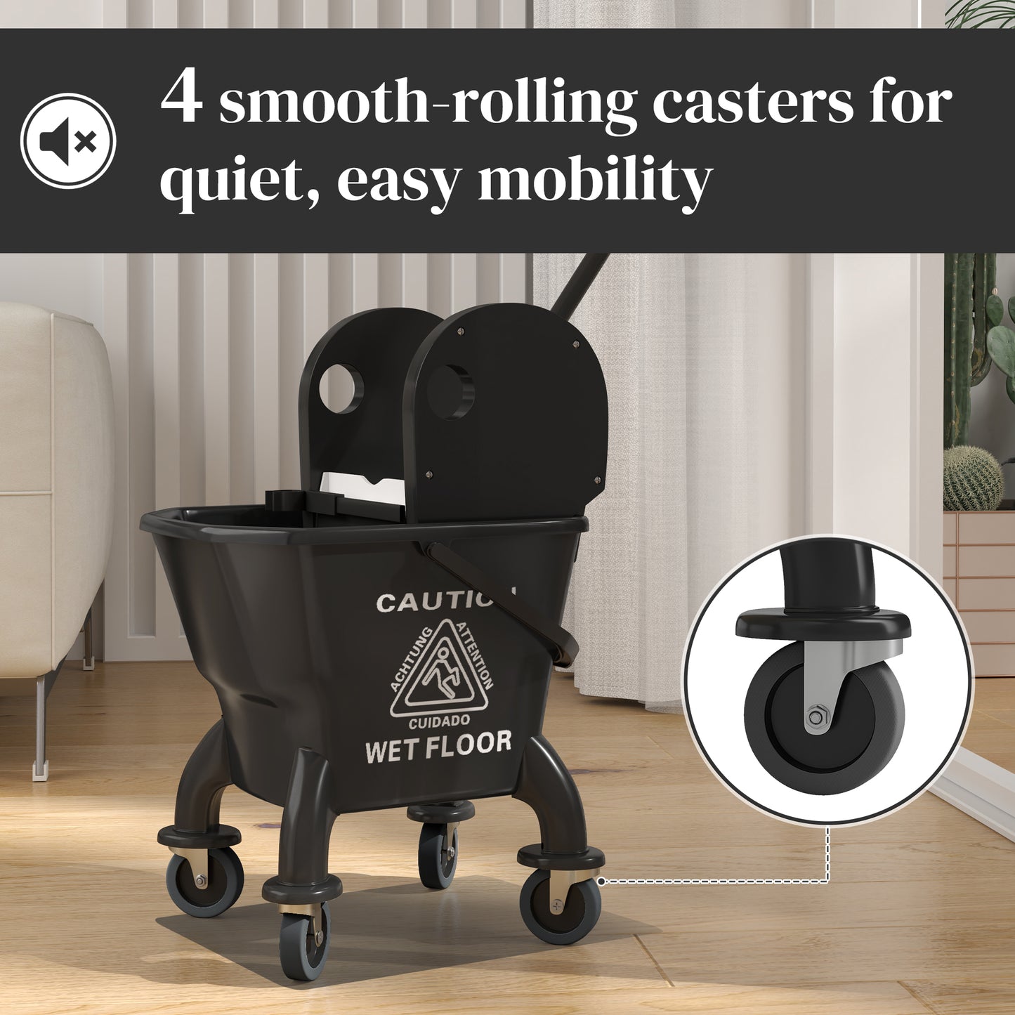 Floor Cleaning Mop Bucket with Wringer and Wheels - 27.5 Quart Black
