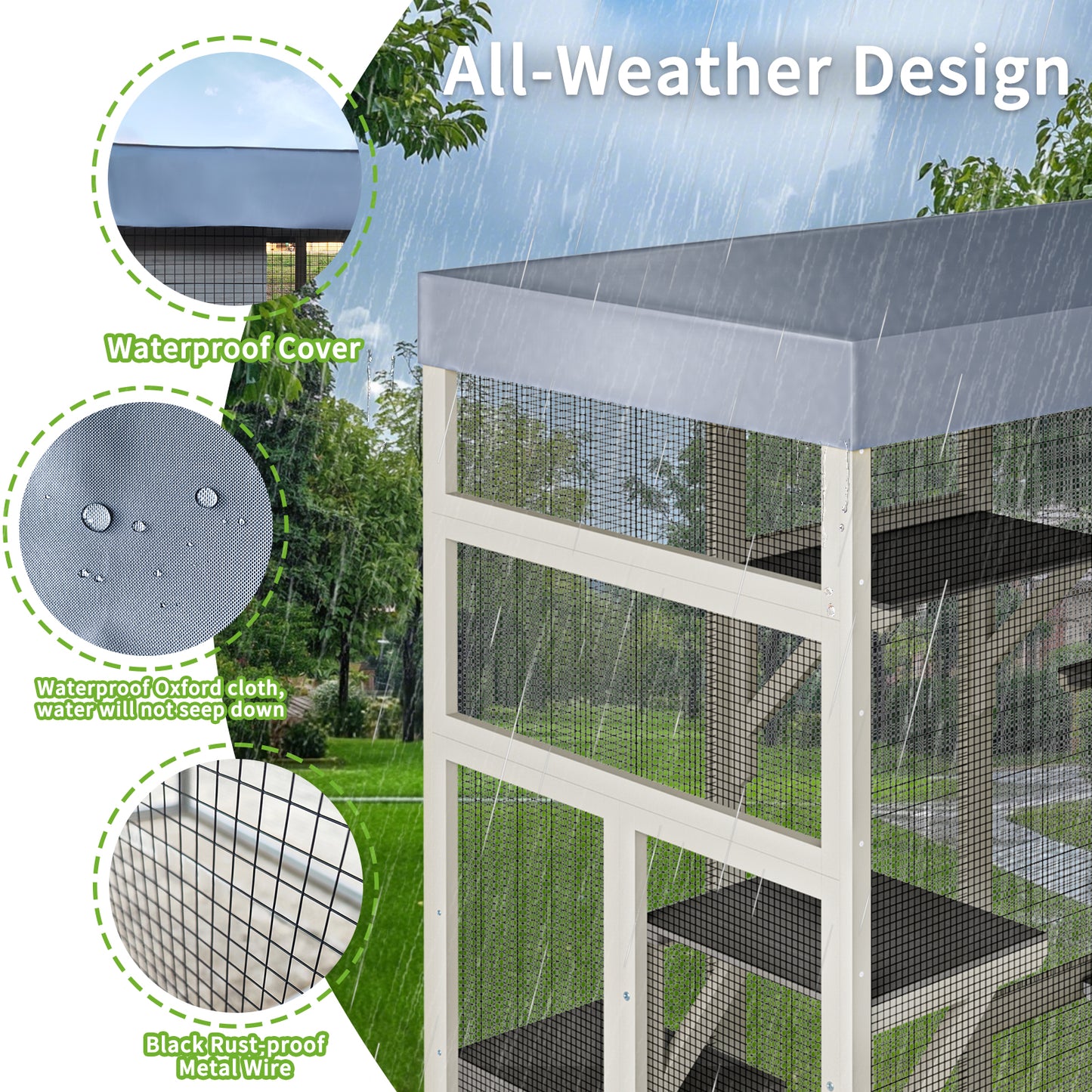 Large Wooden Cat Enclosure with Waterproof Cover, Napping Houses & Platforms - 62.6 Inches