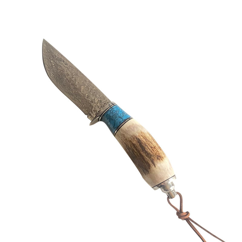 Turquoise Antler Handle Damascus Steel Kitchen Knife - Straight & Horse Variants