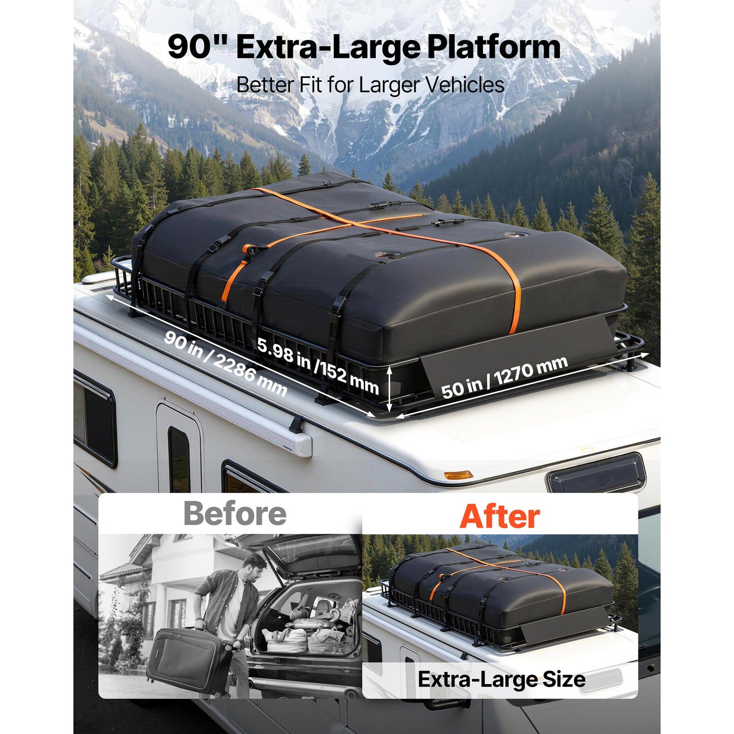 Heavy Duty Roof Rack Cargo Basket 90x50x6in with Waterproof Bag & Ratchet Straps
