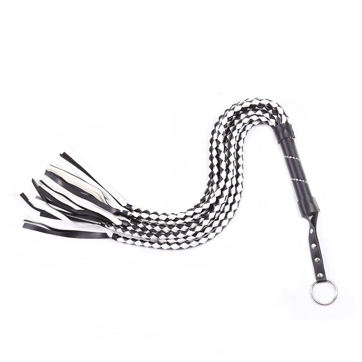 Leather Handle Sex Toy Whip with Braided Black and White Design - 88cm Length