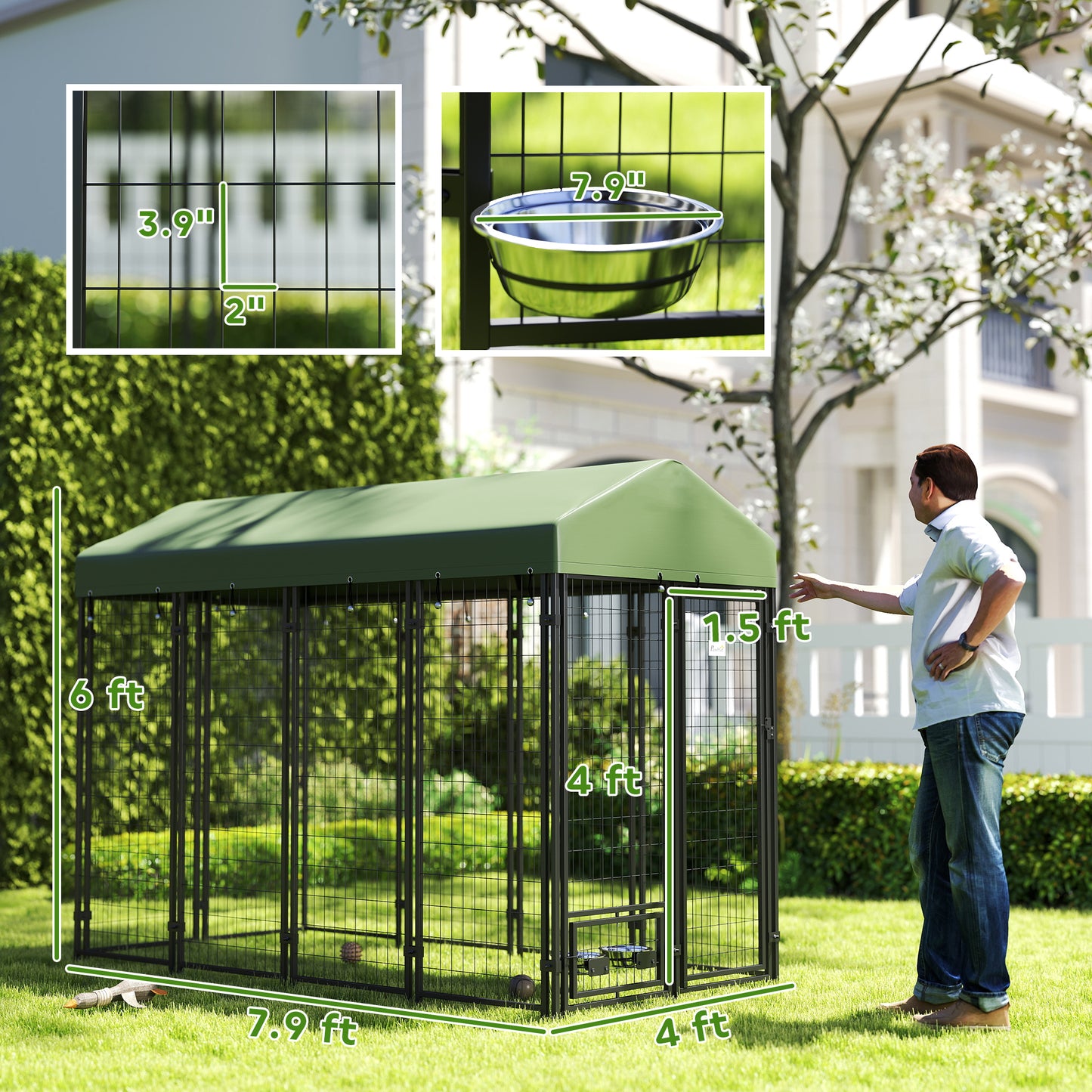 Large Outdoor Dog Kennel with Rotating Bowl Holders and Waterproof Cover, Green, 8x4x6 ft