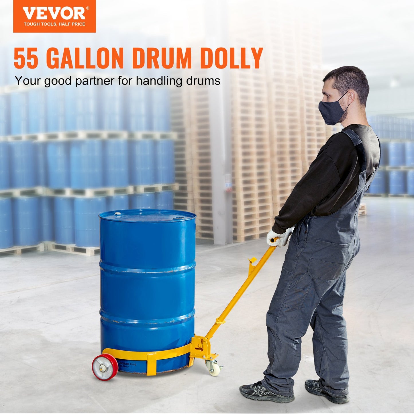 55 Gallon Drum Dolly Cart - Heavy Duty Steel, Yellow, 1200 Lb Capacity