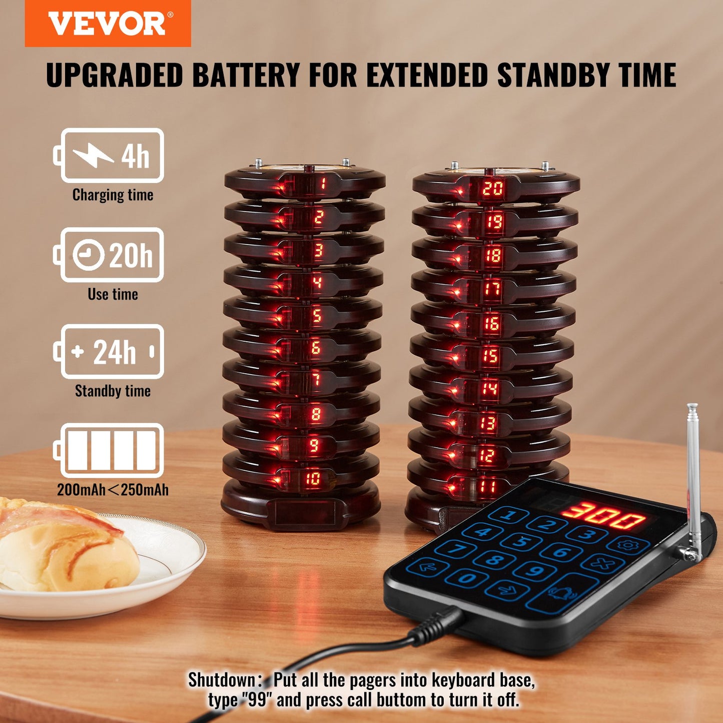 Wireless Restaurant Pager System with 20 Beepers - Black