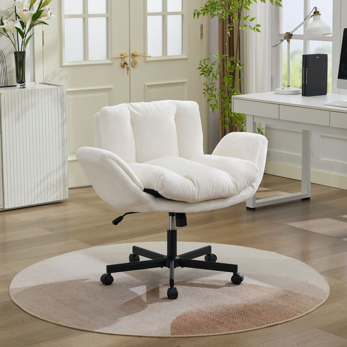Chenille Swivel Office Chair - Height Adjustable with Armrests - Beige