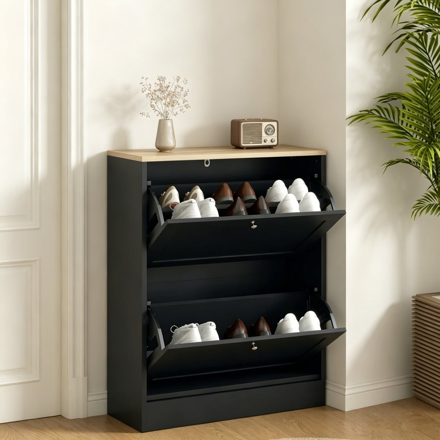 Narrow Shoe Cabinet with Adjustable Shelves - Black & Light Oak