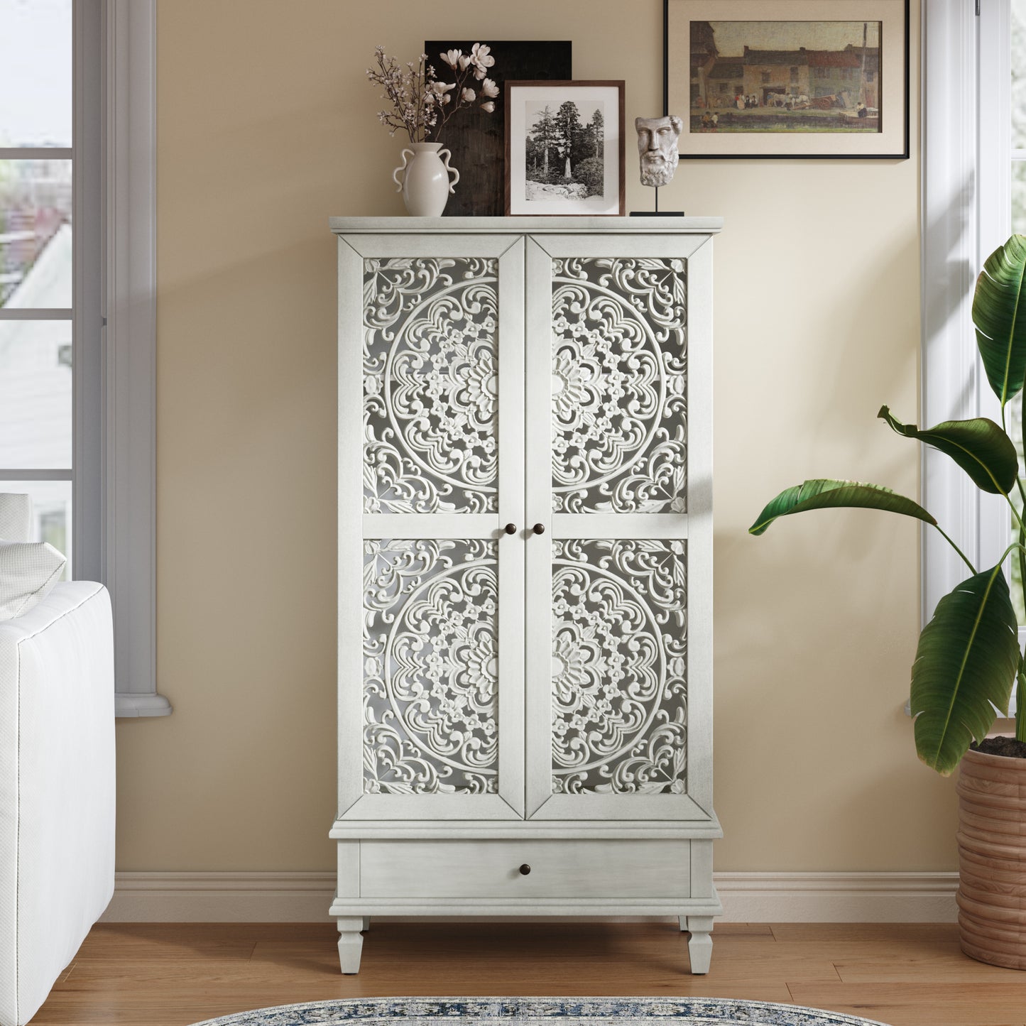 Rustic 55" Tall Storage Cabinet with Drawer - Antique Grey White