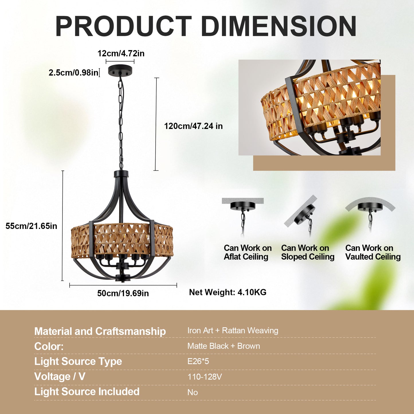 19.7-Inch Black Rattan Pendant Light with 5 LED Spotlights - Farmhouse Ceiling Chandelier for Dining & Living Rooms