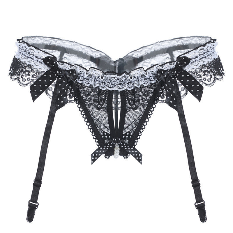 Lace Garter Belt Set with Pearl Panties and Waist Tie - Black & White
