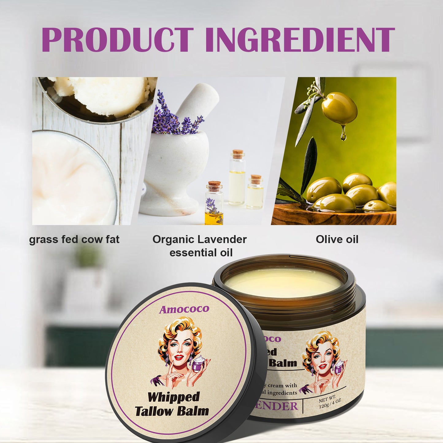 Whipped Tallow Balm with Lavender - Deep Hydration Skin Moisturizer 120g