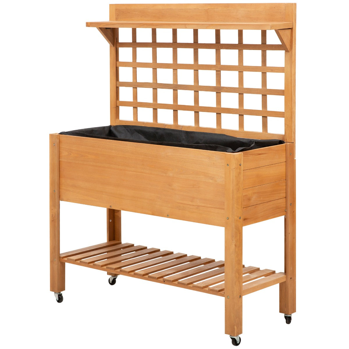 Elevated Wooden Garden Bed with Shelf and Wheels - Outdoor Herb Planter 41x18x53 Inches