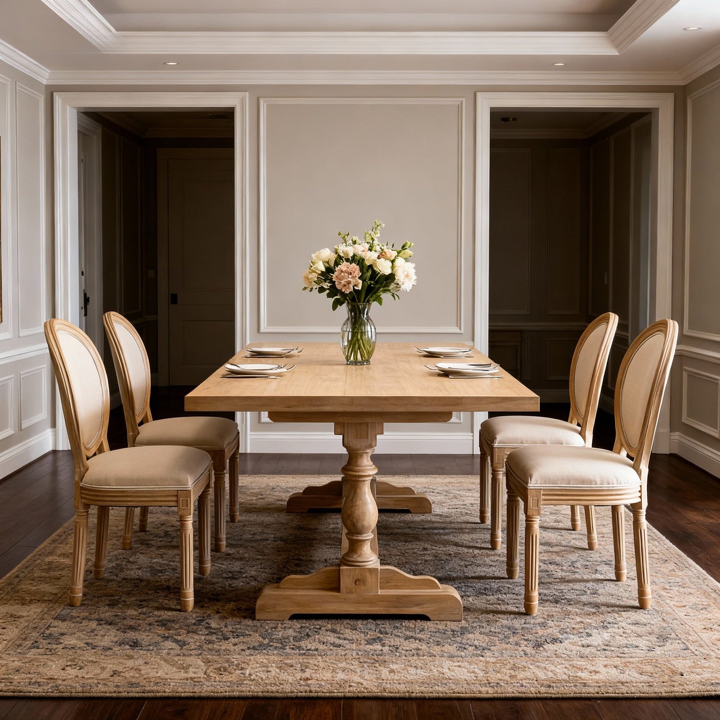Beige French Style Solid Wood Frame Oval Back Dining Chairs - Set of 2