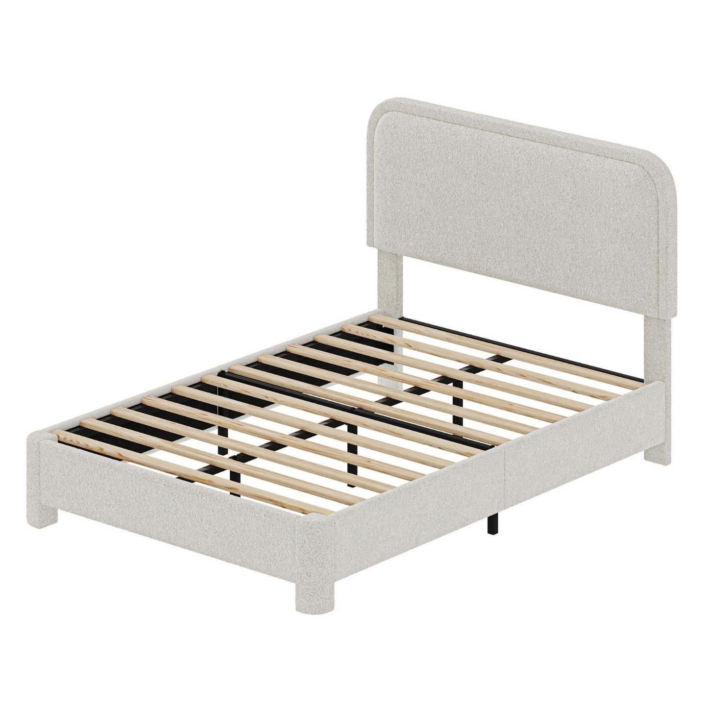 Modern Boucle Bed Frame with Soft Rounded Headboard - Platform Design