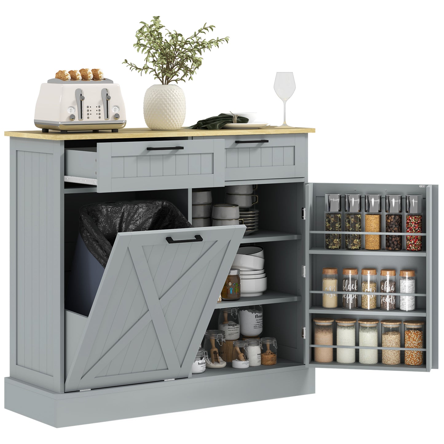 Farmhouse Tilt-Out Trash Can Cabinet with 2 Drawers - Gray
