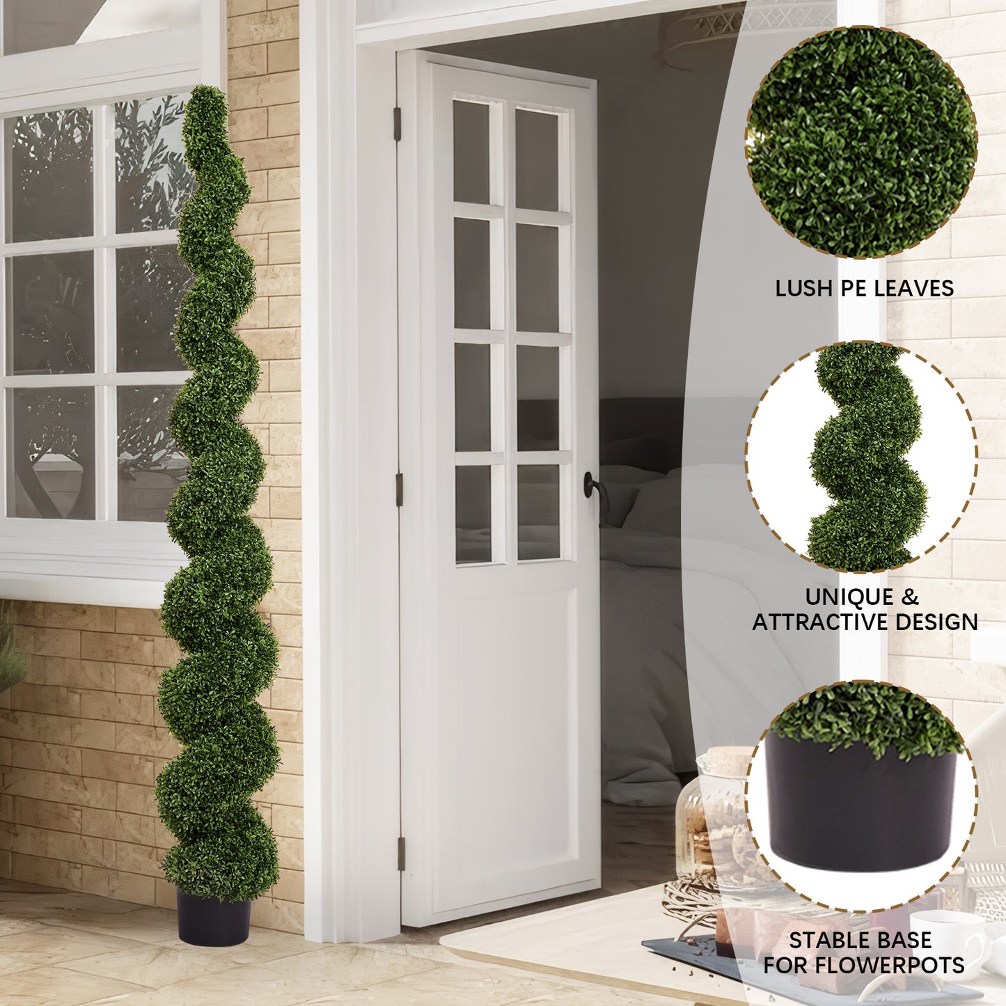 7FT Artificial Spiral Topiary Tree - Green Faux Boxwood Plant