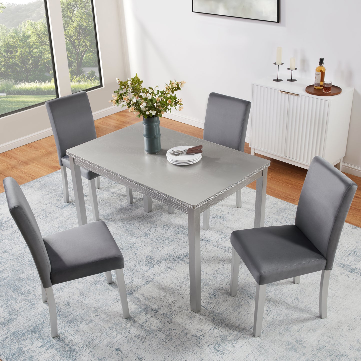 5-Piece Wooden Dining Table Set with Upholstered Chairs - Silver Grey