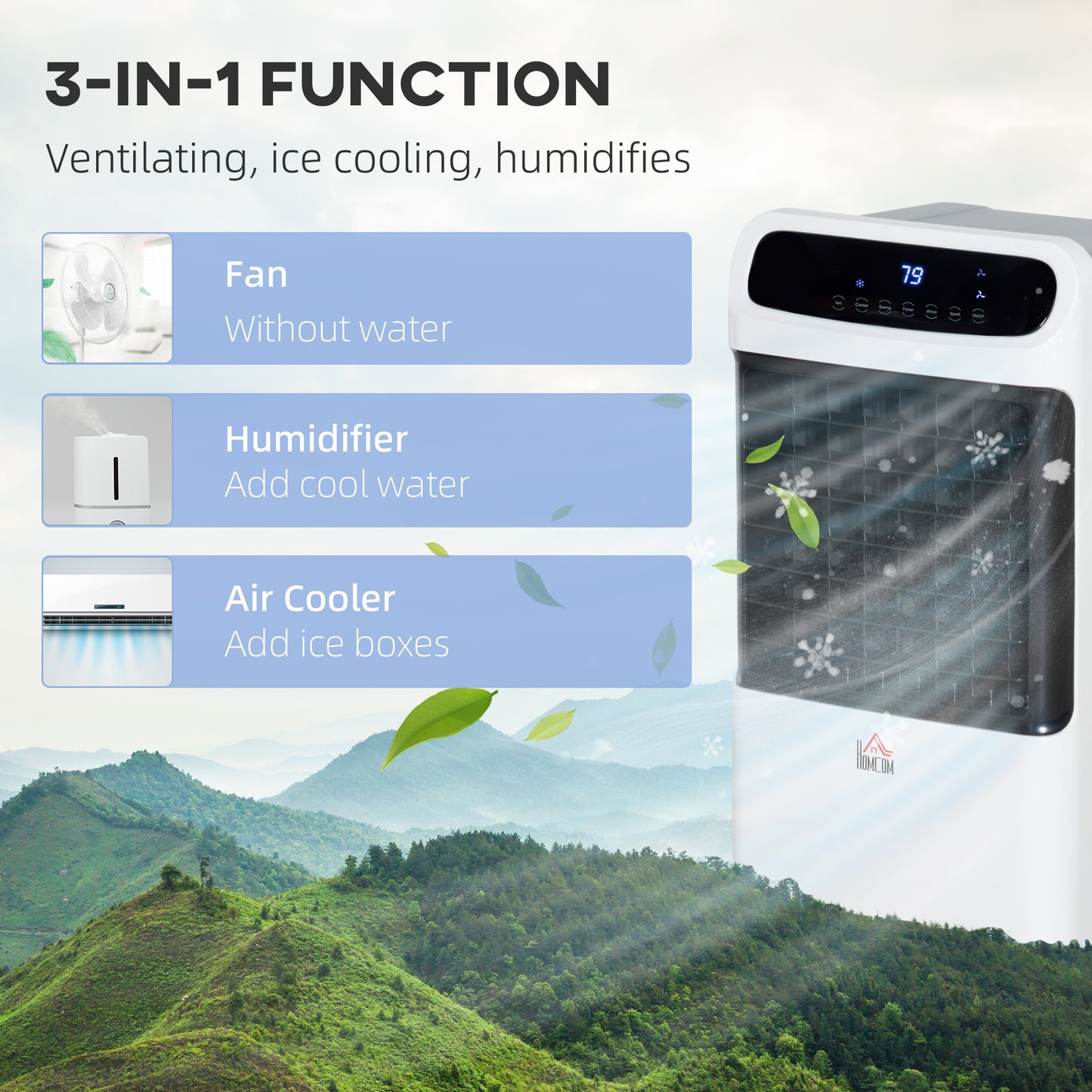 3-in-1 Portable Ice Cooling Fan with Remote & Oscillation - White