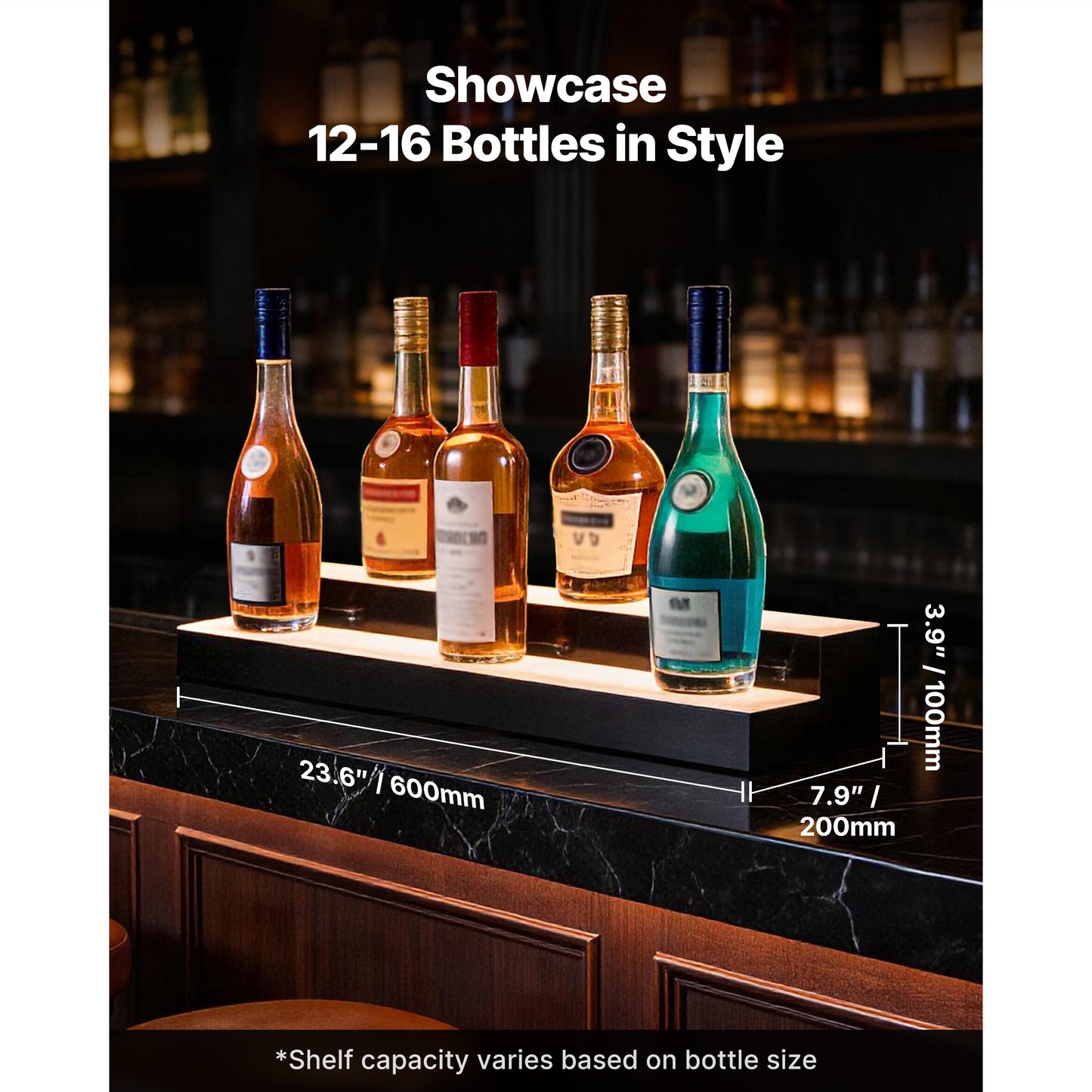 LED Lighted Liquor Bottle Display Shelf 2 Tiers 24 Inches USB Remote App Control