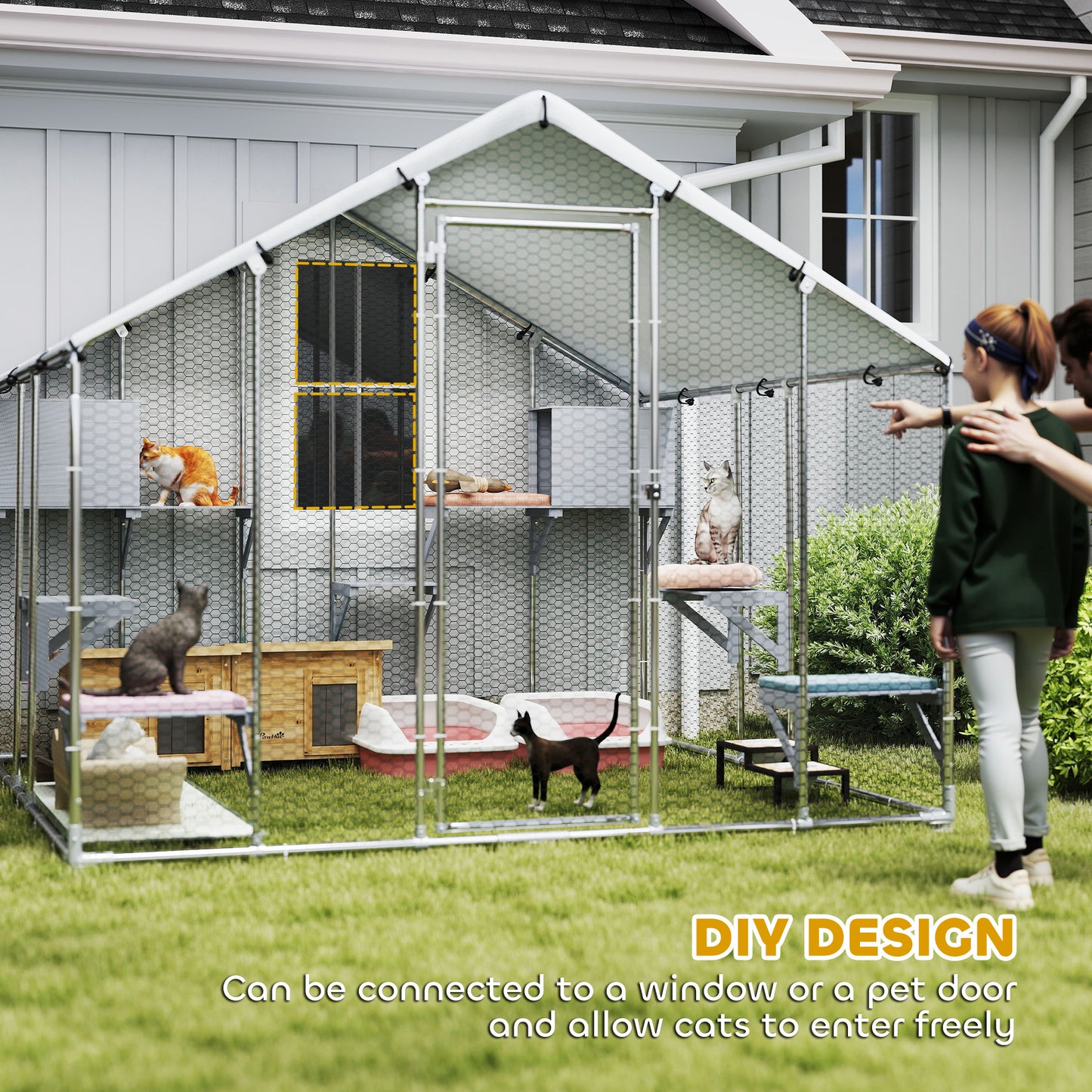 Large Metal Outdoor Catio with Waterproof Cover & Resting Boxes - Silver, 1950x350x175 mm
