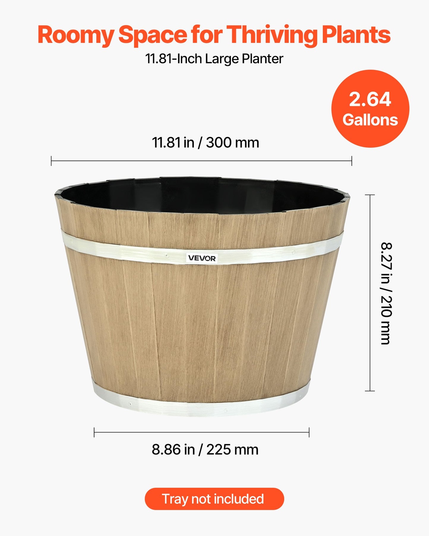 Resin Whiskey Barrel Planter - Rustic Garden Flower Pot, 11.81 Inch Natural Finish