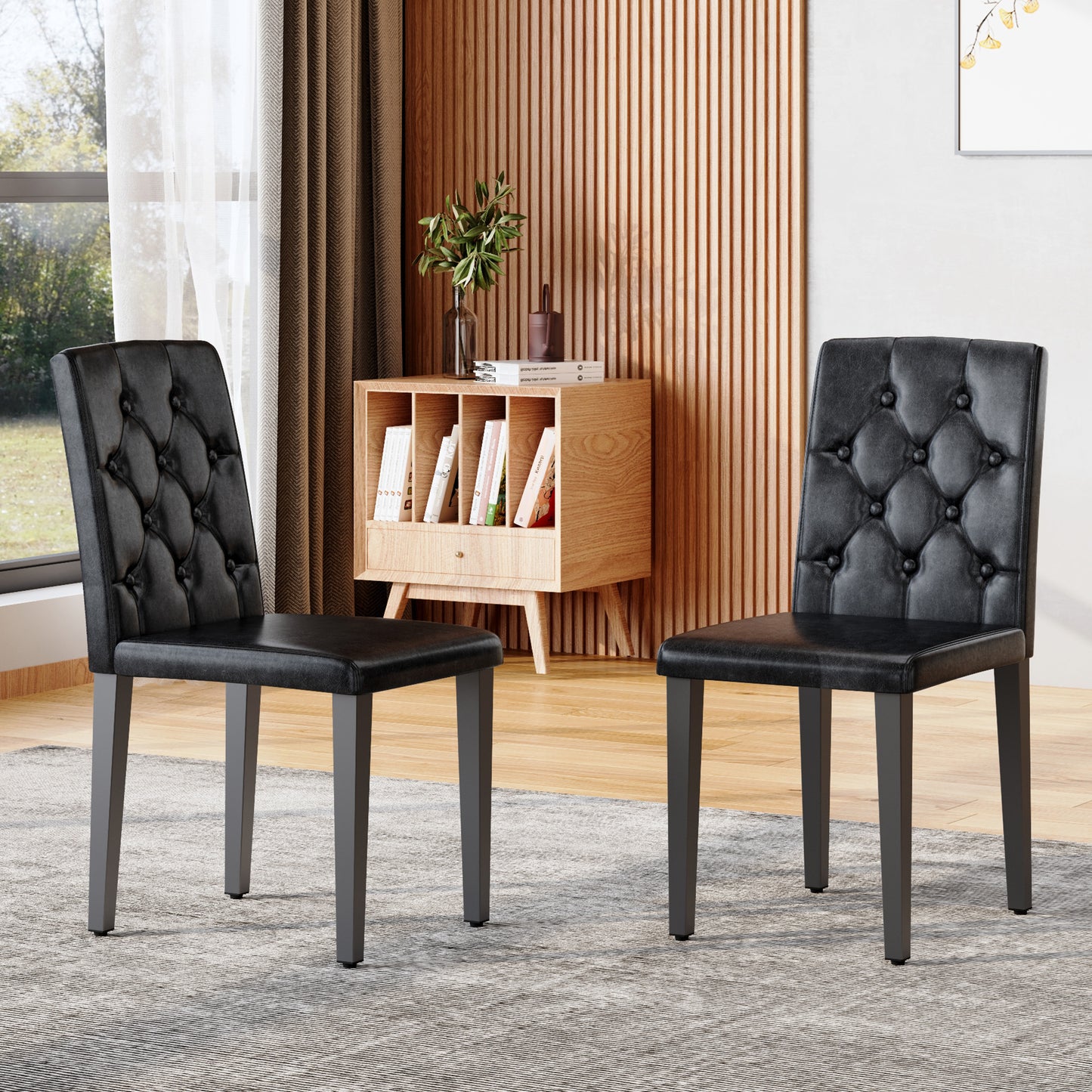 2-pack Black PU Dining Chairs,Ergonomic Buckle Backrest, 35 Inches