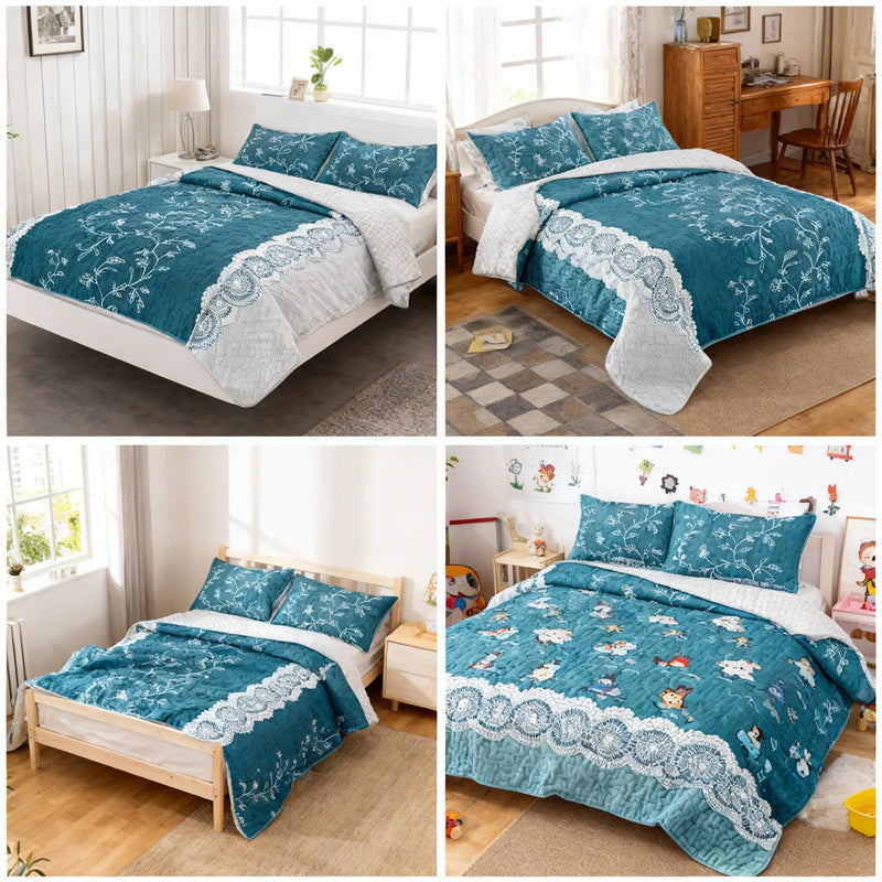 Teal Floral Quilt Set - 3-Piece Bedding with Pillow Shams