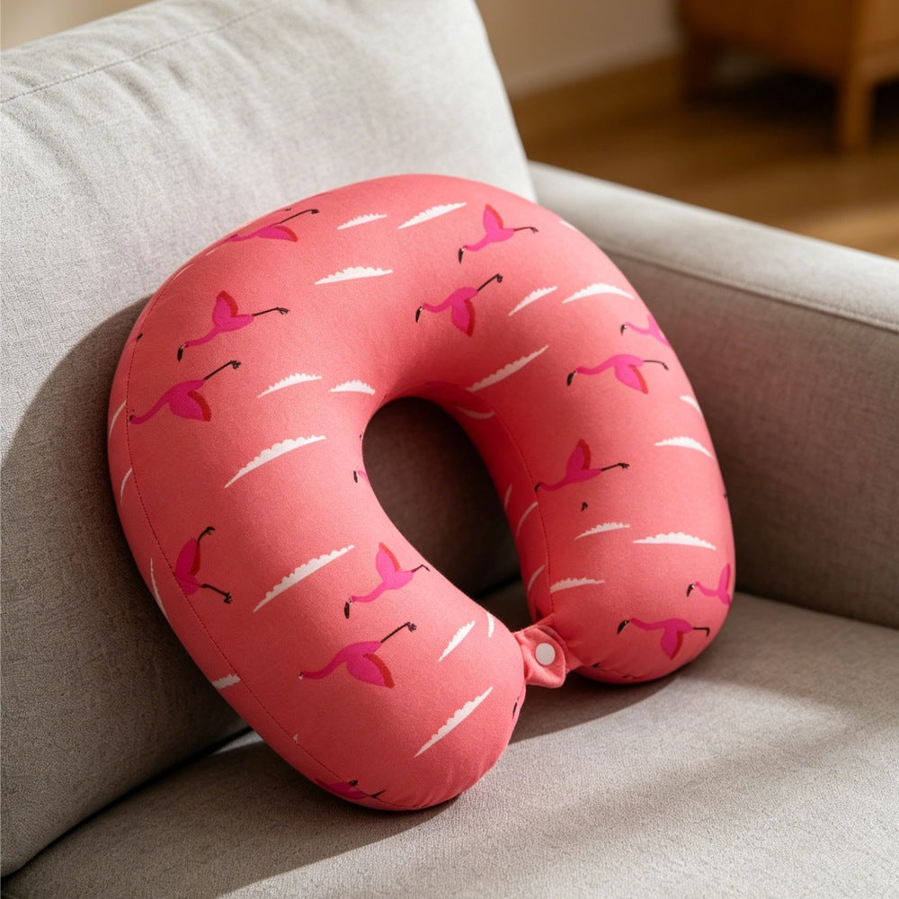 Travel Neck Pillow with Flamingo Print - Micro Bead U-Shape Support for Airplane, Car, Office, Pink & Blue