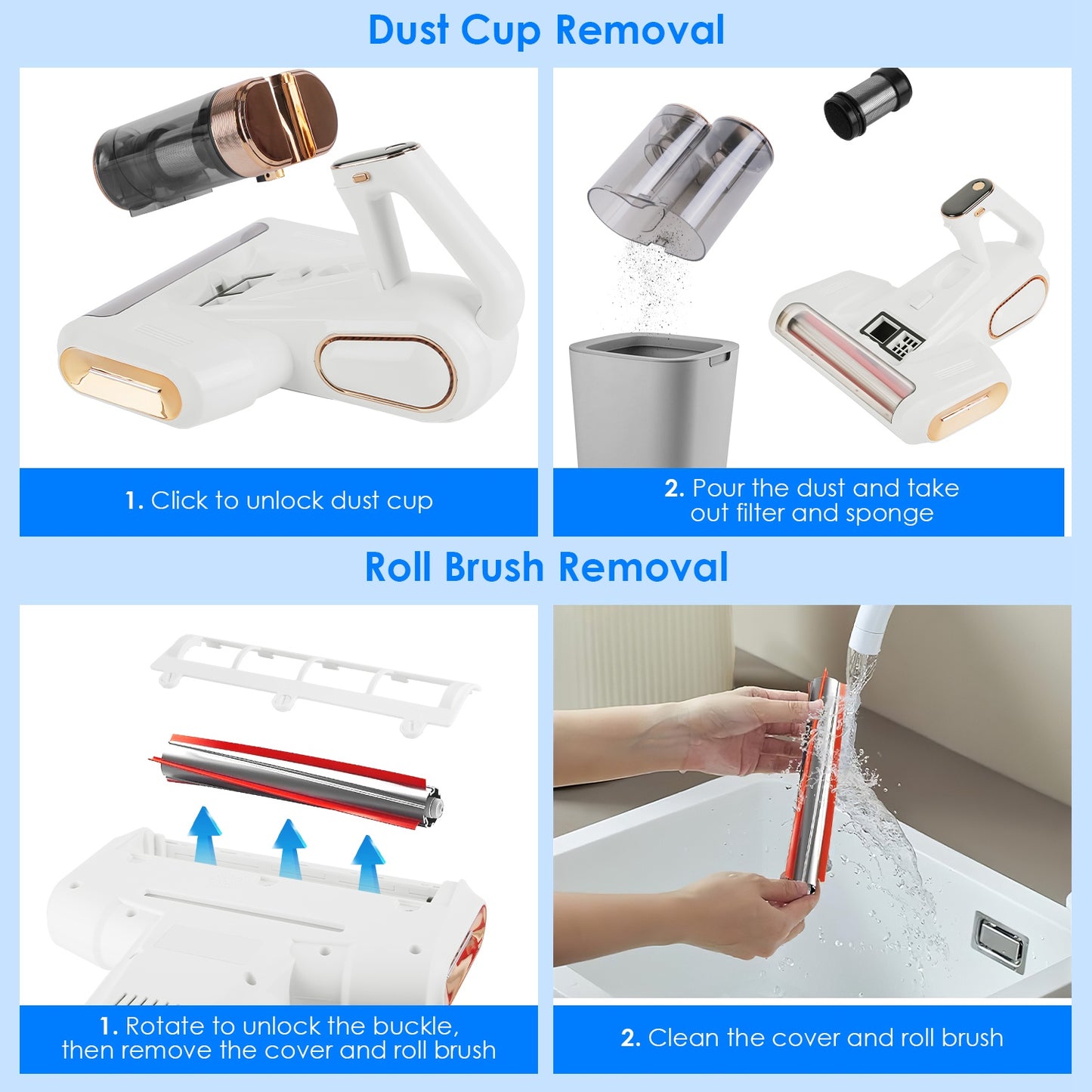 Cordless Mattress Vacuum Cleaner 16KPA UVC Ultrasonic Bed Cleaner Handheld with Dual Dust Bins