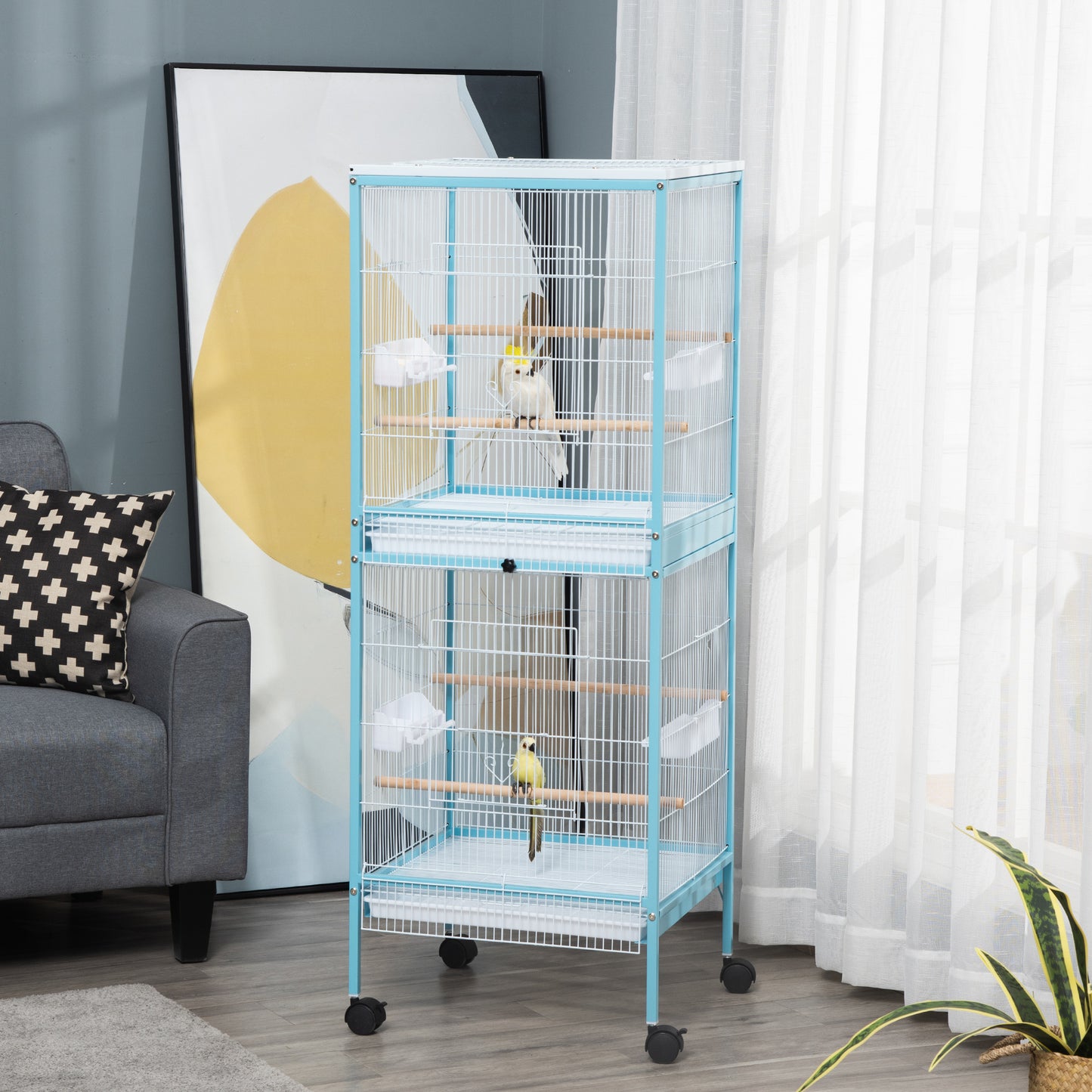 55-Inch 2-in-1 Bird Cage Aviary for Parakeets Finches with Wheels - Light Blue