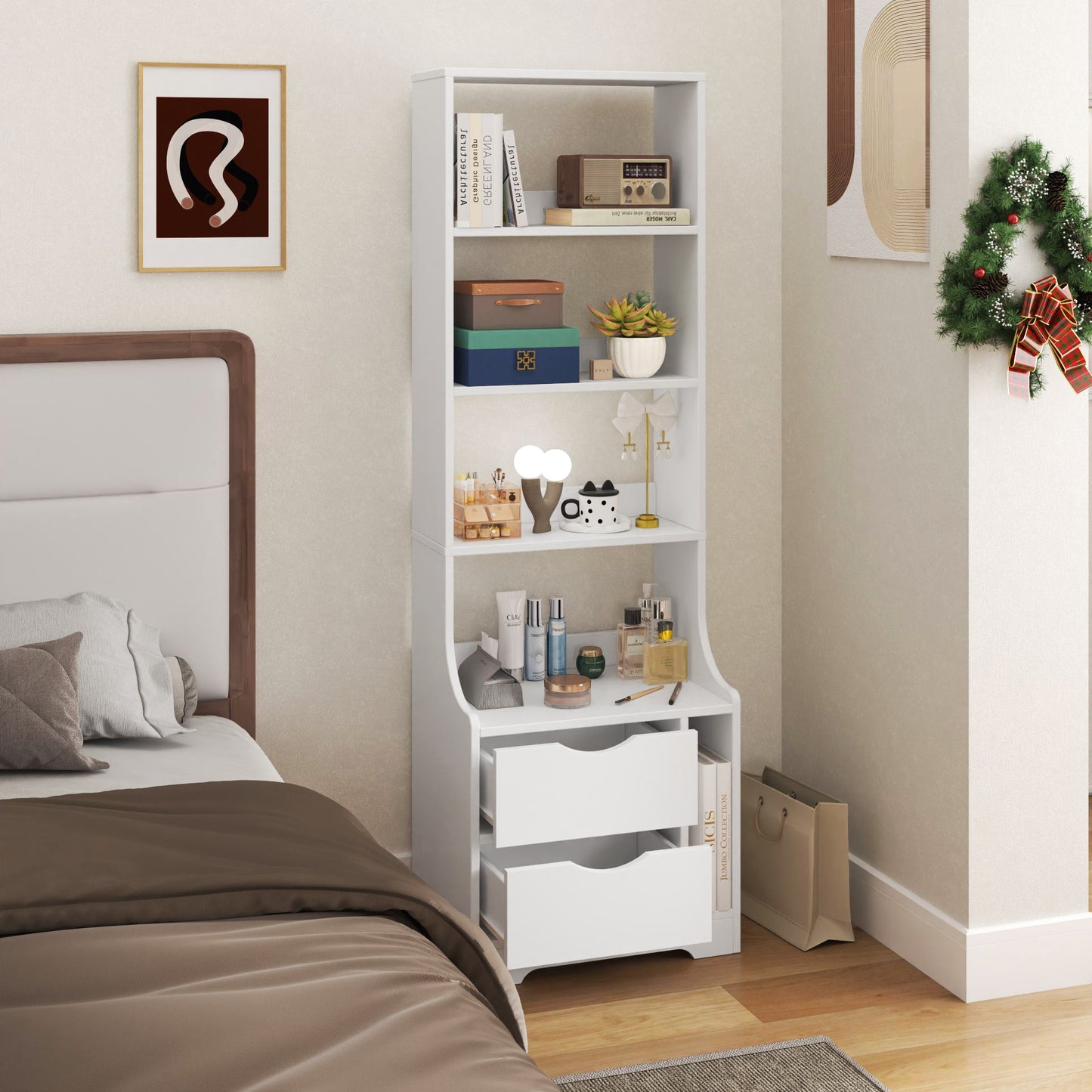 White Night Stand with Bookshelf and 2 Storage Drawers